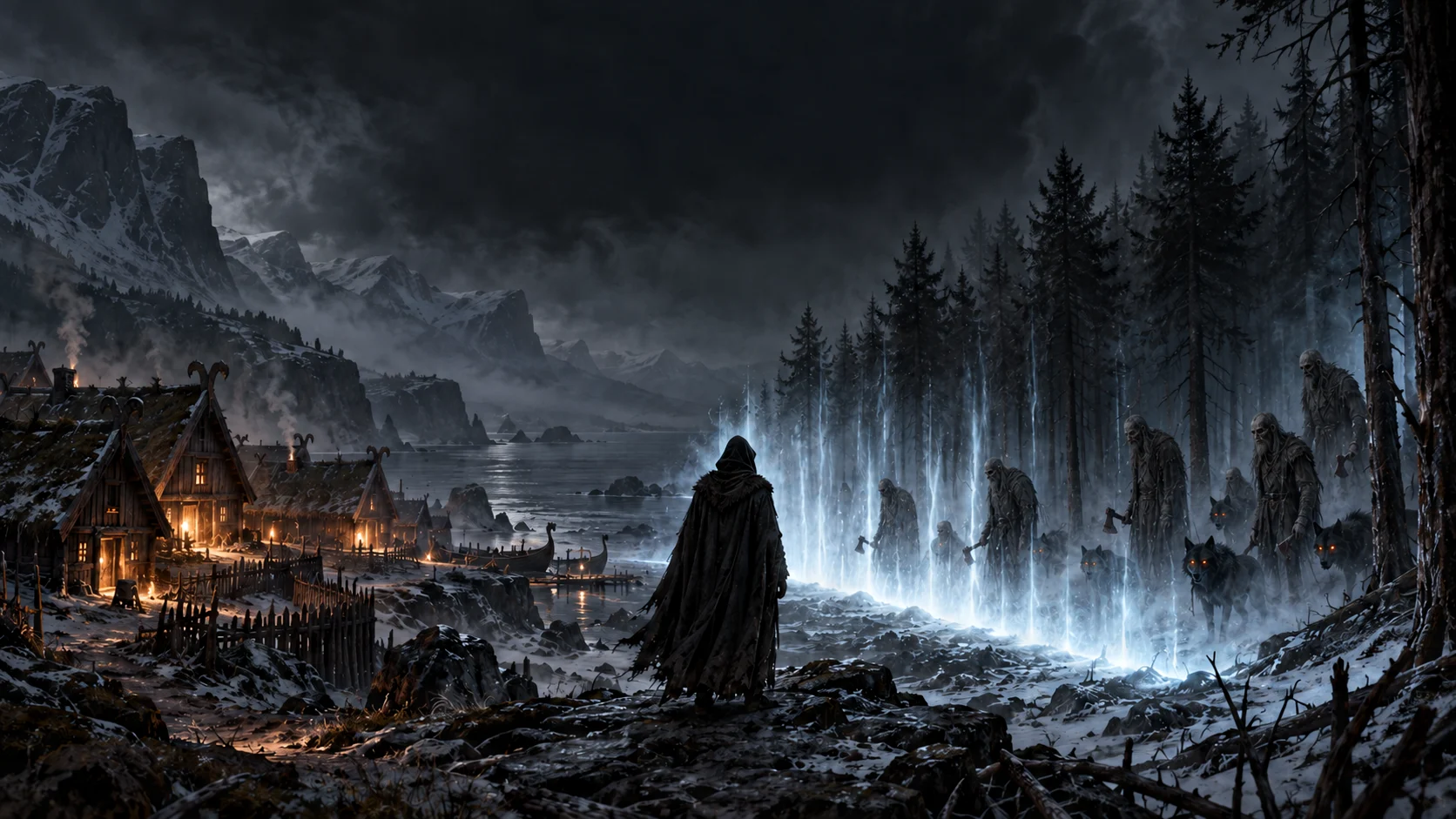 Key art: a hooded figure stands at the edge of a snowy Norse village at night, facing a wall of pale blue light. Beyond it, dead woodsmen and black wolves with ember eyes wait among the pines.